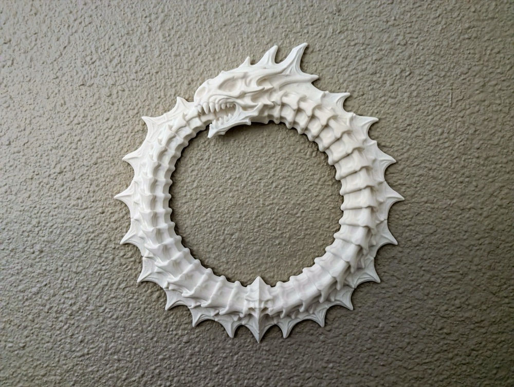 Kemik Ejderha Ouroboros Duvar Dekoru — Kuyruğunu Yiyen Karanlık Ejderha Halkası (6-25 cm Çap Seçenekli)