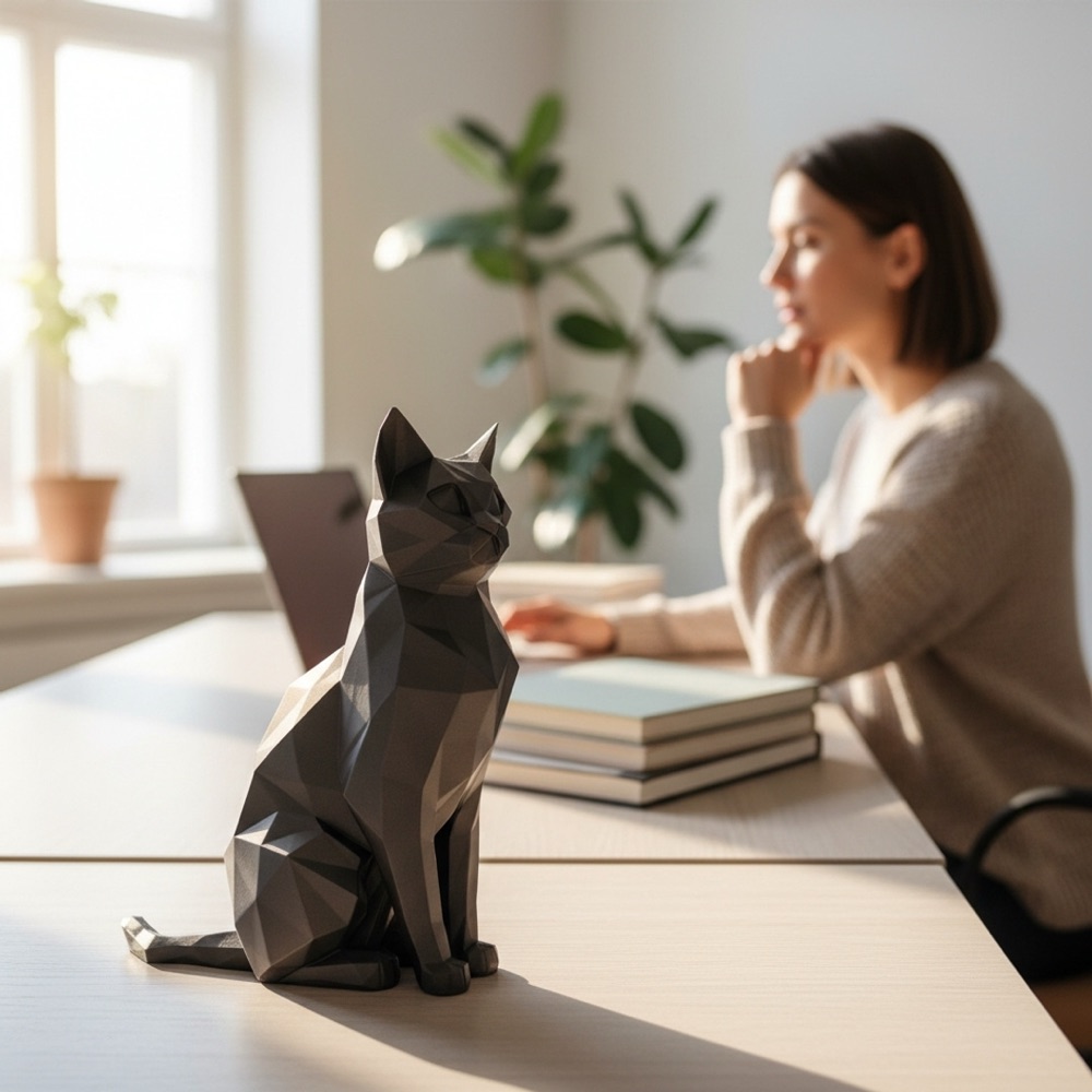 Low Poly Oturan Zarif Kedi Heykeli