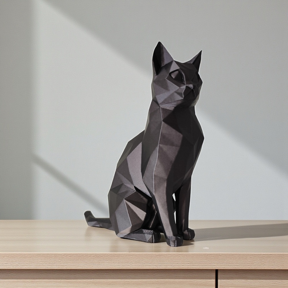 Low Poly Oturan Zarif Kedi Heykeli görsel 4