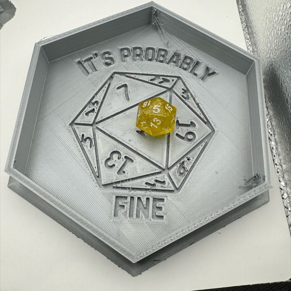 Altıgen Zar Atma Tepsisi (Kenarlı, İçinde "It's Probably Fine" Yazılı Nat 1 Zar Motifi)