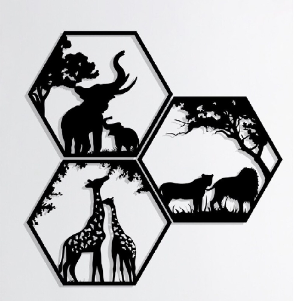 Altıgen Çerçeveli Afrika Hayvanları Duvar Dekoru (5 Panel)