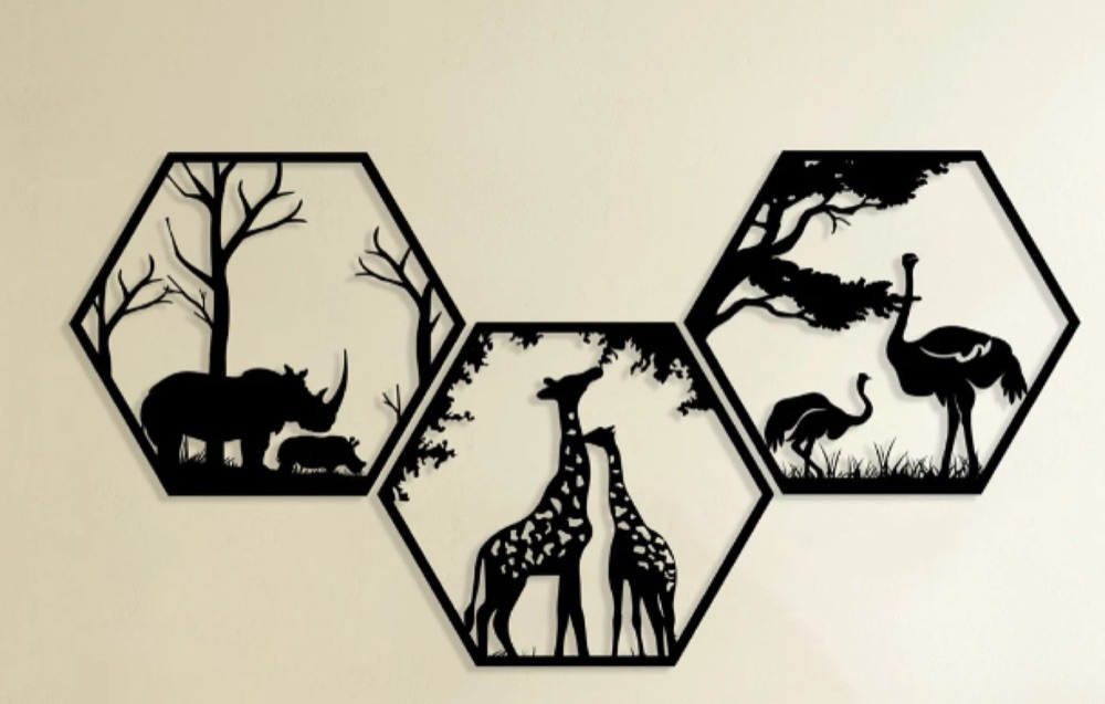 Altıgen Çerçeveli Afrika Hayvanları Duvar Dekoru (5 Panel) görsel 2
